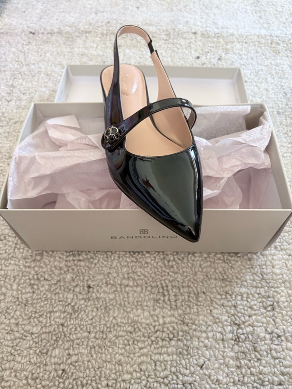 Bandolino Black Patent Pointed-Toe Slingback with Mary Jane Strap
